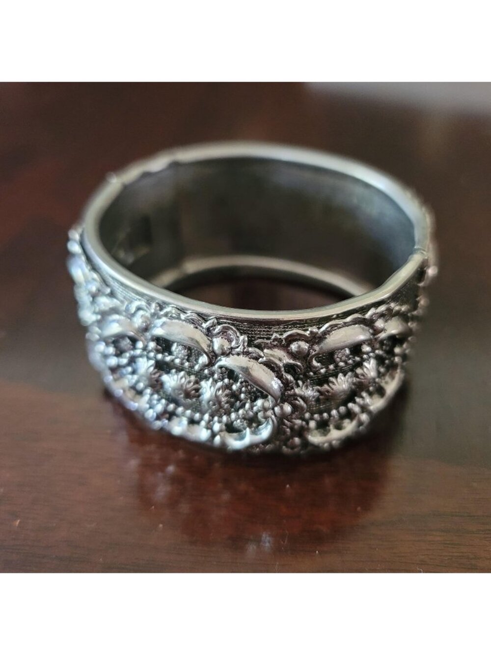 Vintage Silver Tone Repousse Hinged Bracelet with Safety Chain